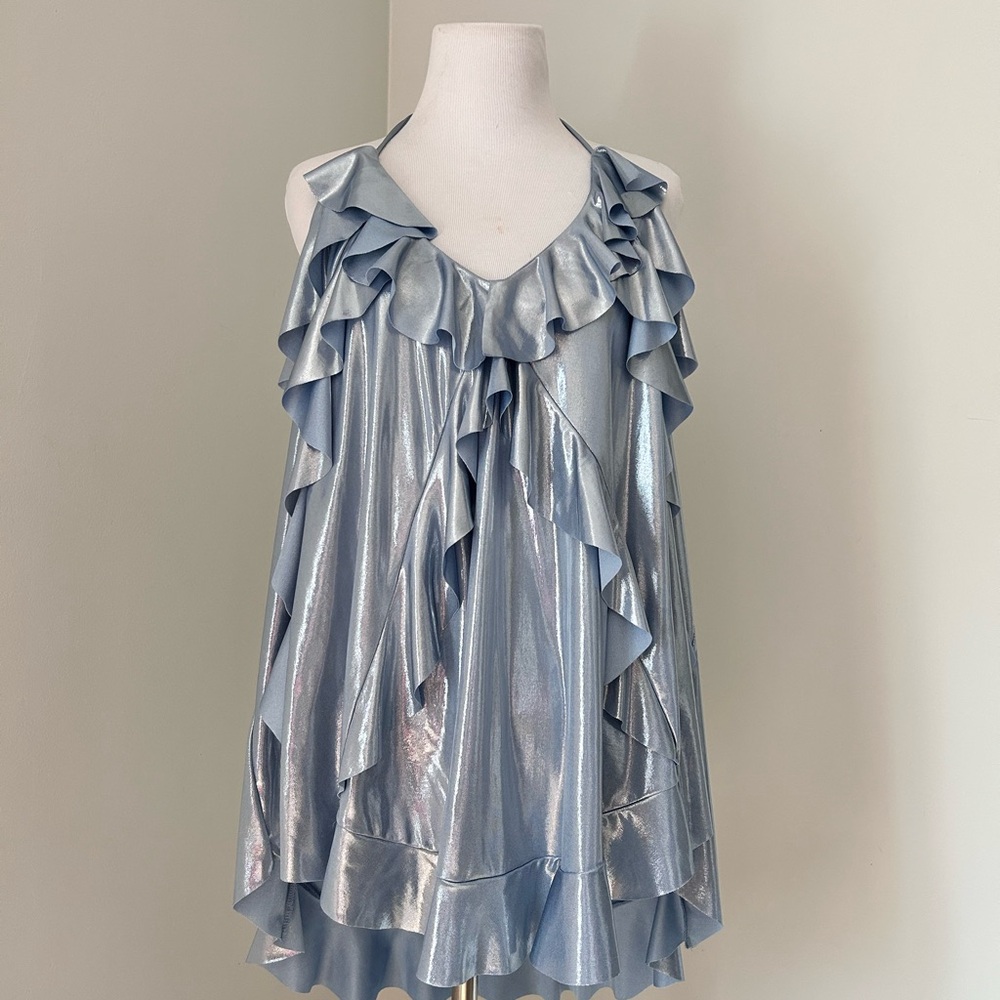 ANTHROPOLOGY NWT Metallic Blue Ruffle Halter Top